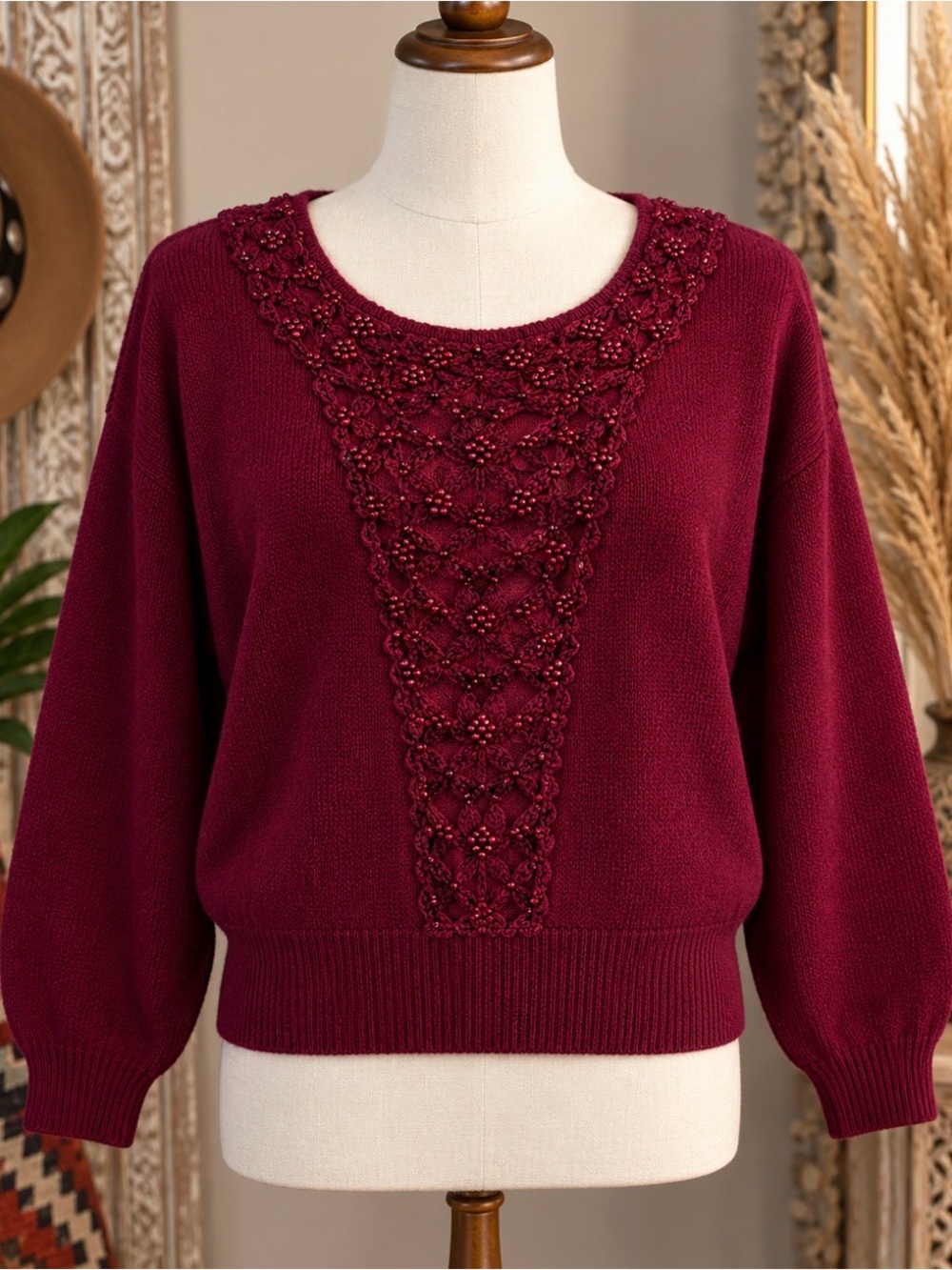 *Carducci -vintage 90’s- Burgundy Knit Sweater with crochet & beaded bodice